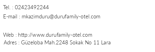 Duru Family Otel telefon numaralar, faks, e-mail, posta adresi ve iletiim bilgileri